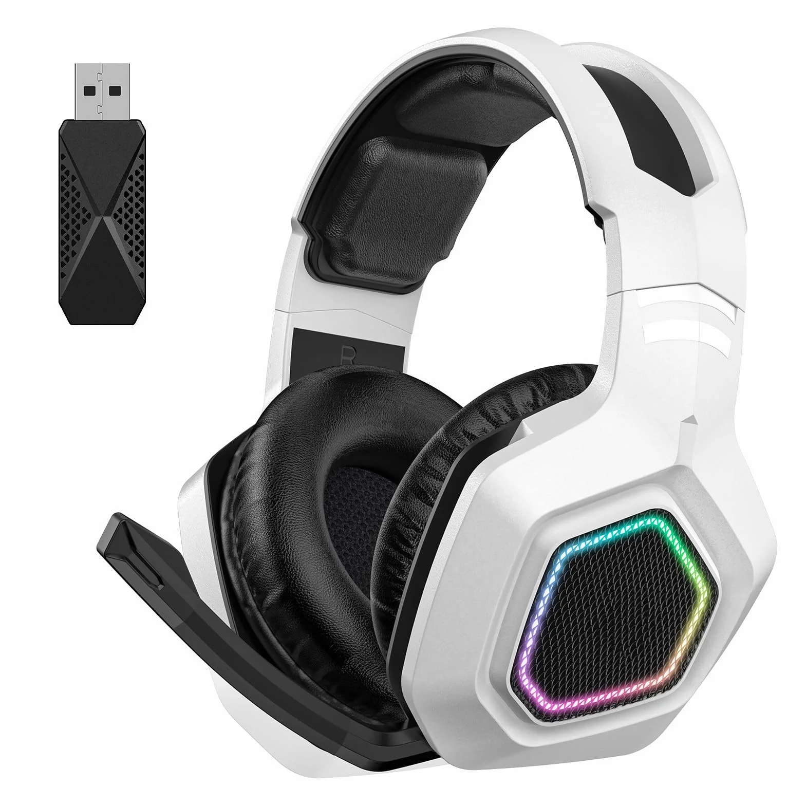 Drfeify Cuffie Wireless Gaming, 2.4Ghz per PC con Microfono e USB bianche, for Gamer, Streaming, Casual Users