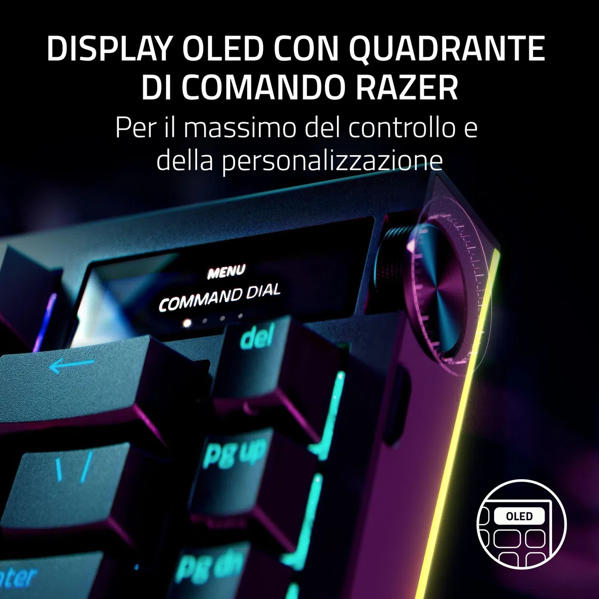 Razer BlackWidow V4 Pro 75% - Tastiera da gioco wireless sostituibile a caldo - Display OLED (ghiera dei comandi, 4K Hz e connettività Bluetooth, poggiapolsi magnetico) Layout US ISO | Nero