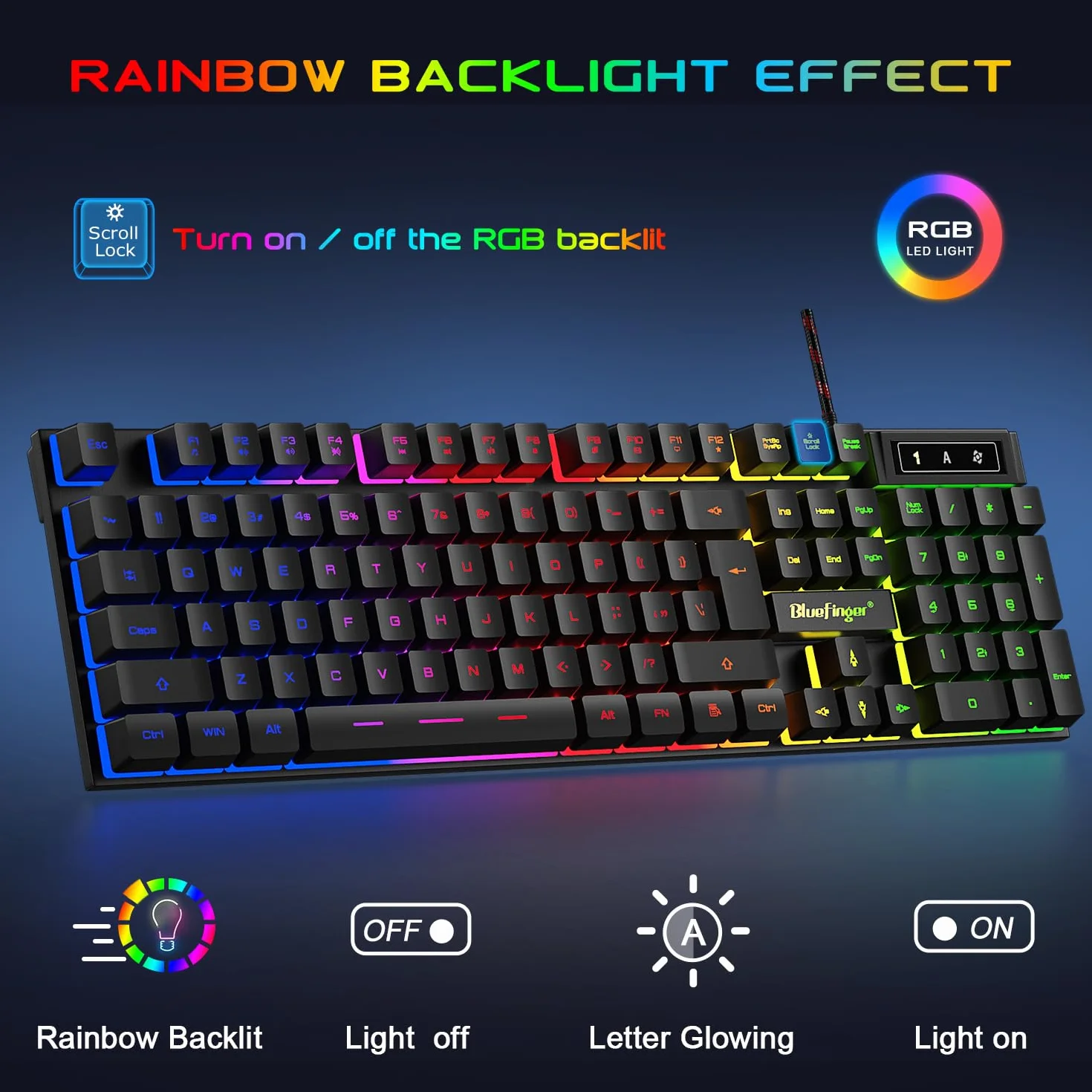 BlueFinger RGB tastiera da gioco e mouse retroilluminati e auricolari tastiera retroilluminata con cavo USB set di mouse per tastiera da gioco cuffie con microfono per computer portatile PC e lavoro