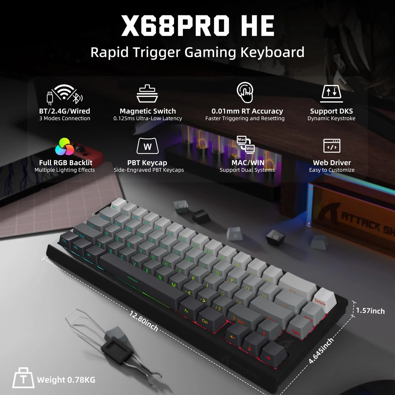 ATTACK SHARK 3 in 1 Tastiera senza fili X68PROHE e Mouse da Gioco X11, BT/2.4G/Cablato, Interruttore Magnetico a Grilletto Rapido da 8KHz, PixArt PAW3311, 22000DPI, Cavo a spirale C01PRO-Nero Sfumato