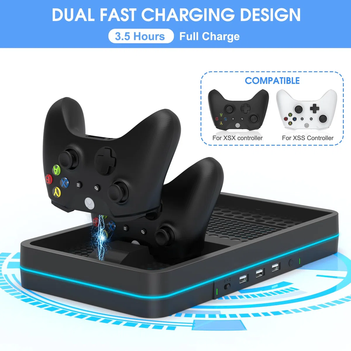 Doppia ventola di raffreddamento e supporto di raffreddamento per console/controller Xbox Series X/S, stazione di ricarica doppio controller Xbox con luce LED RGB e 3 porte USB, accessori Xbox Series