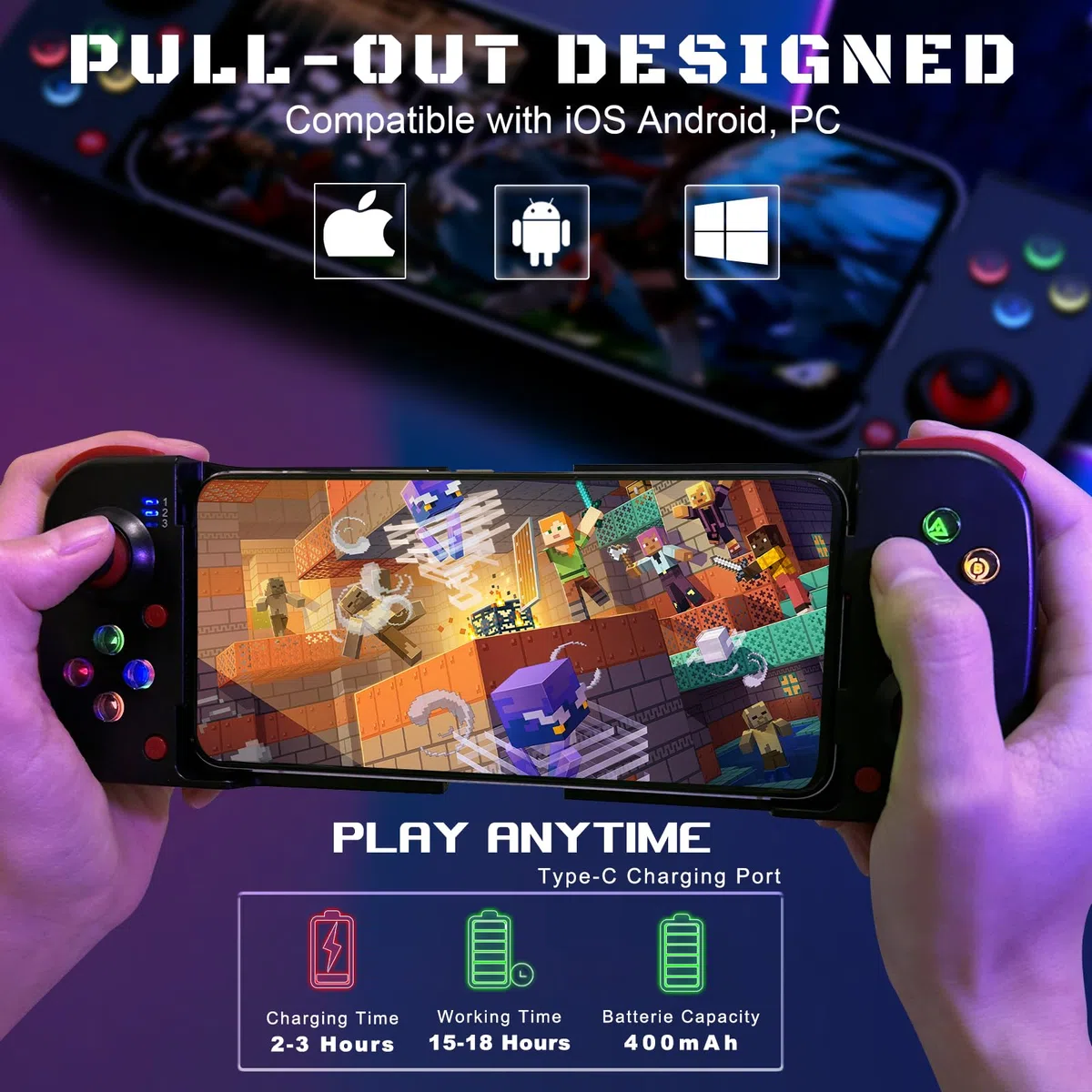 Megadream Controller di gioco mobile Gamepad per iPhone iOS Android PC: funziona con iPhone 15/14/13/12/11/X, iPad, Samsung Galaxy, TCL, tablet, Call of Duty, Diablo Immortal - Gioco diretto (nero)