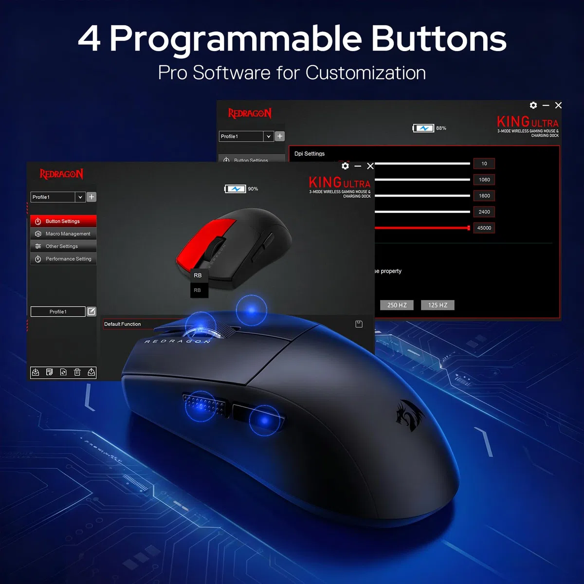Redragon M999 Gaming Mouse, 2.4GHz/BT/Wired, Nero, Base di Ricarica