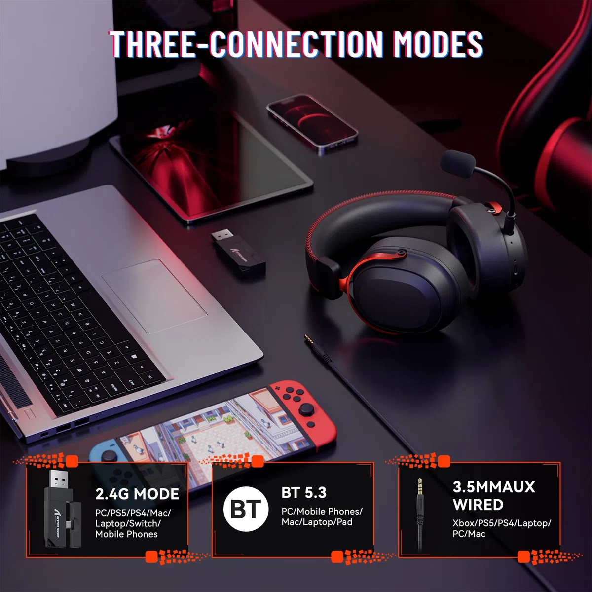 ATTACK SHARK L30PRO Casque Gamer Sans Fil, Surround 7.1, Pilotes Bio 50mm, Tri-Mode 2.4G/BT/Filaire, Micro Amovible ENC, pour PC/PS5/Switch, Batterie 84H - Nero/Rosso