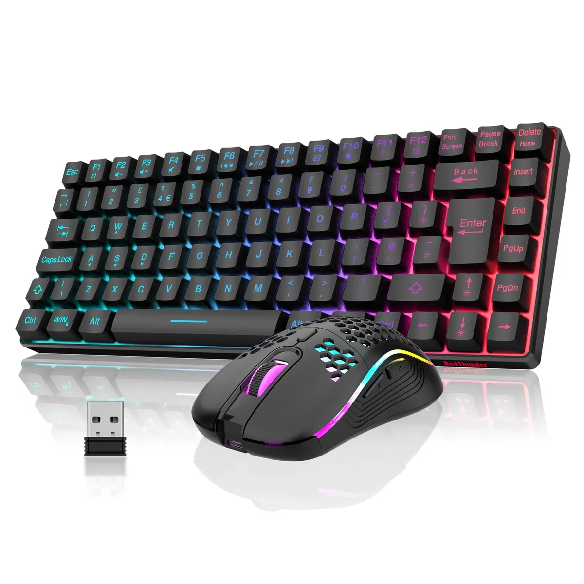 RedThunder K84 Tastiera e mouse da gioco wireless al 75% con retroilluminazione arcobaleno layout UK 85 tasti TKL ultra compatto mini design leggero mouse da gioco a nido d'ape per PC Mac PS5 Xbox