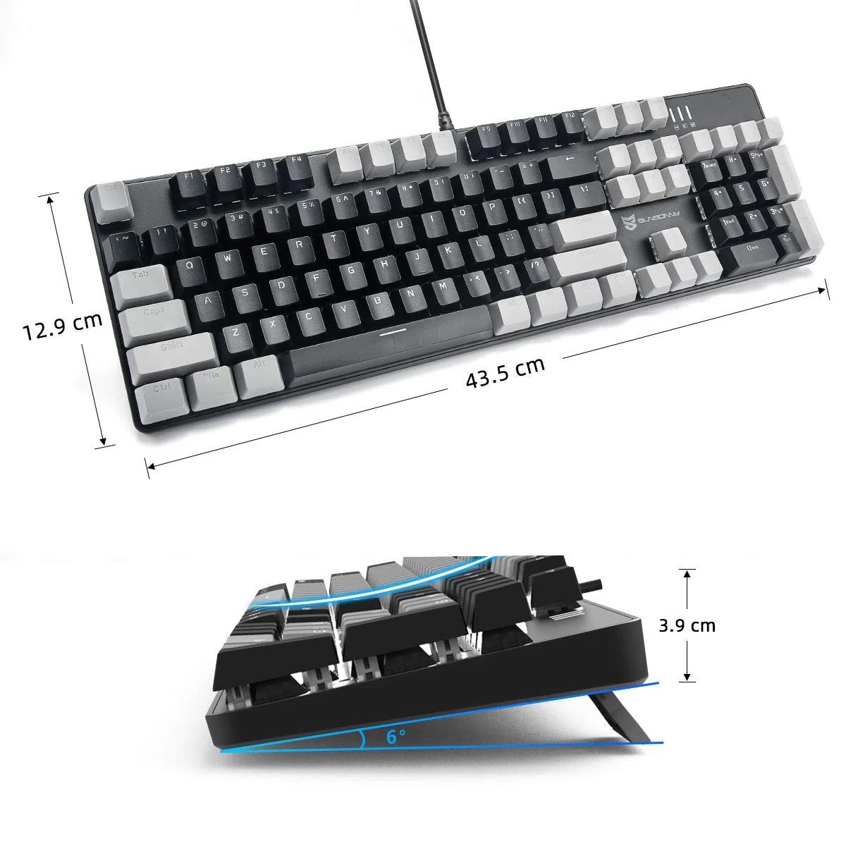 Merdia, tastiera meccanica da gioco con interruttore nero, tastiera retroilluminata bianca a grandezza naturale, 104 tasti, layout americano (nero e grigio)