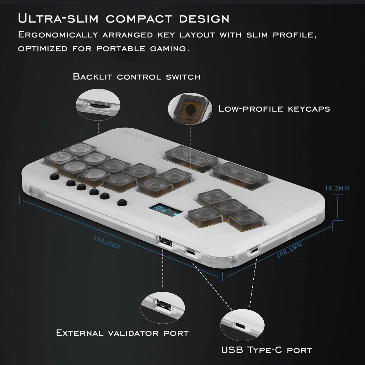 Leverless Controller Arcade Stick Mini Keypad, 16Key All-Button Arcade Controller Gamingpad (bianco)