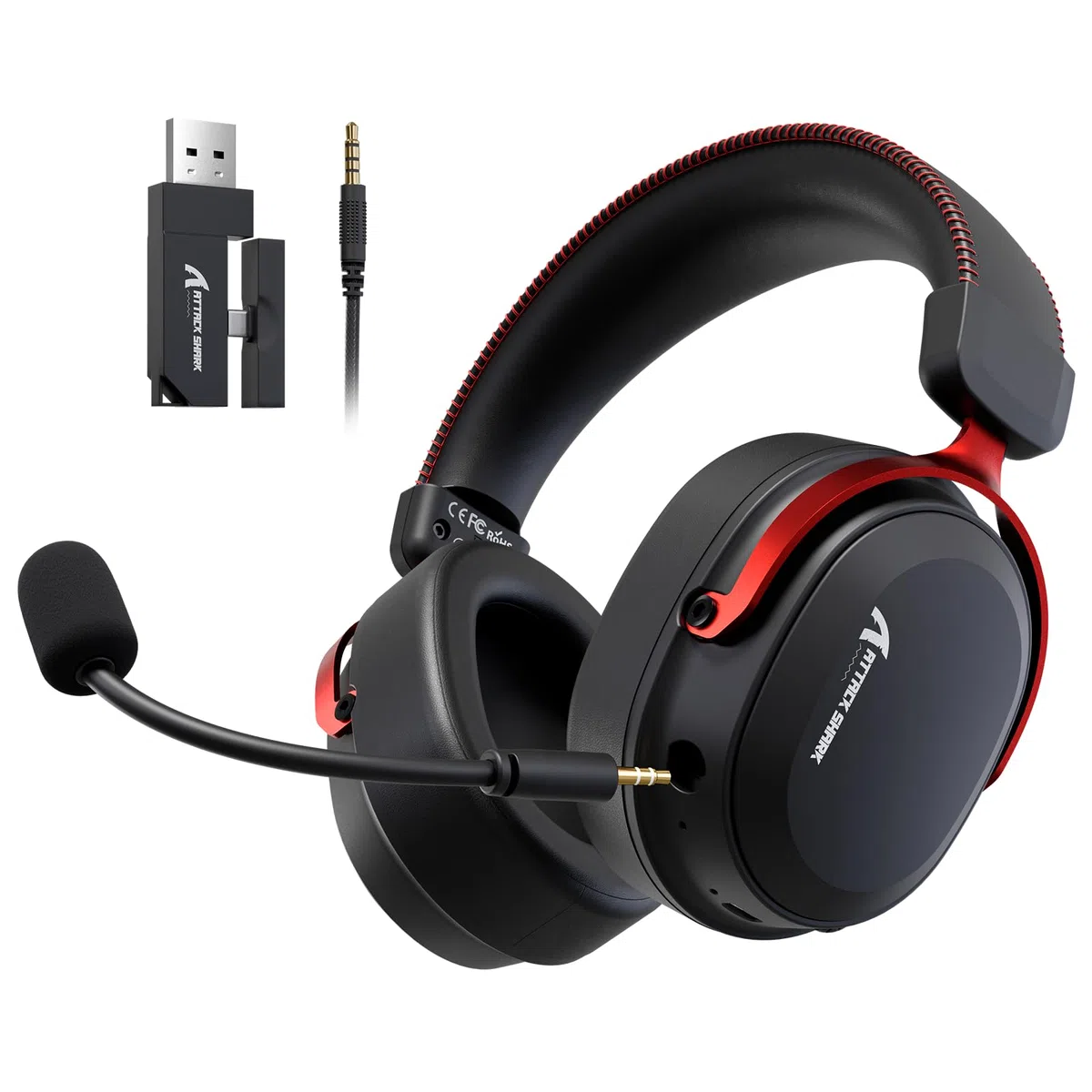 ATTACK SHARK L30PRO Casque Gamer Sans Fil, Surround 7.1, Pilotes Bio 50mm, Tri-Mode 2.4G/BT/Filaire, Micro Amovible ENC, pour PC/PS5/Switch, Batterie 84H - Nero/Rosso