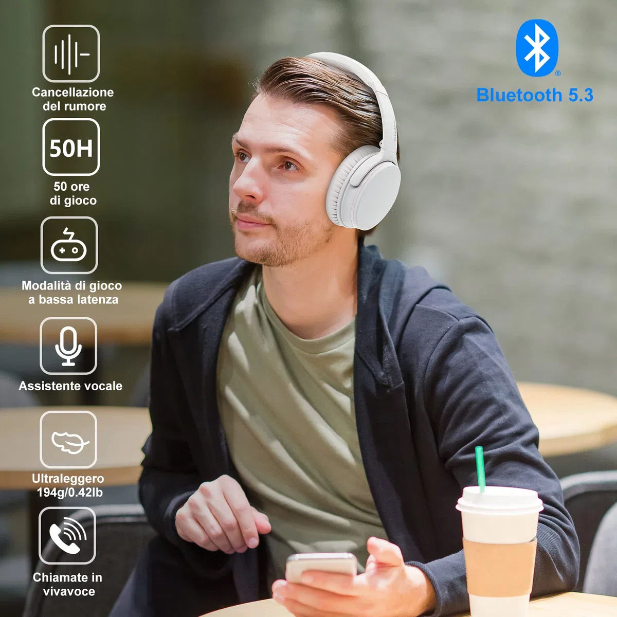 Srhythm NC25 Cuffie Stereo con Cancellazione Attiva del Rumore, Bluetooth 5.3, Auricolari ANC Over-ear con Hi-Fi, Microfono, Autonomia di 50 Ore, Assistente Vocale, ModalitàGioco a Bassa Latenza