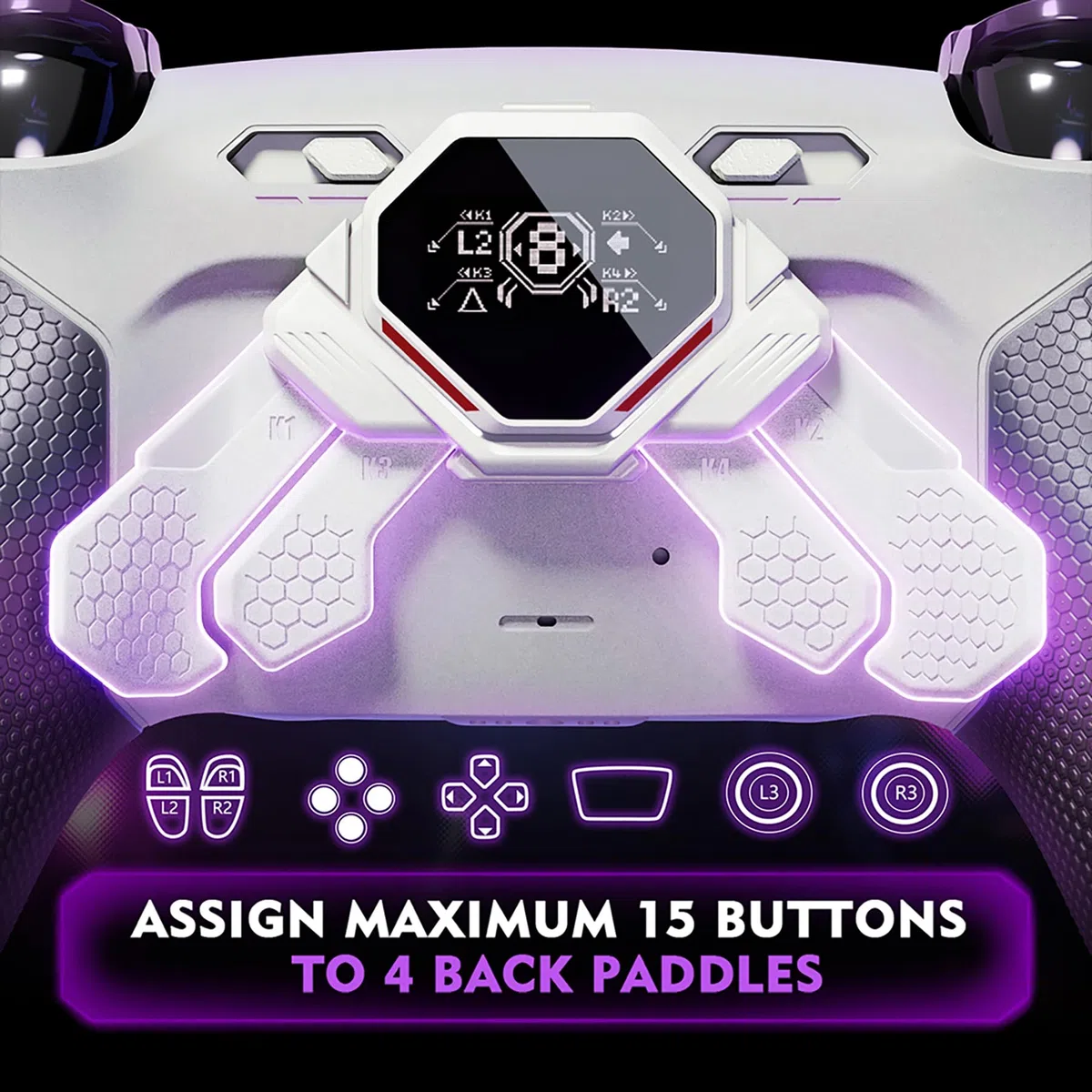 eXtremeRate SPARK Tasti Posteriori Kit per ps5 Controller BDM 010 020, Display OLED + Clicky Trigger Stop + Grip Ergonomici, 4 Palette Rimappabili Accessori per ps5 Joystick, Bianco