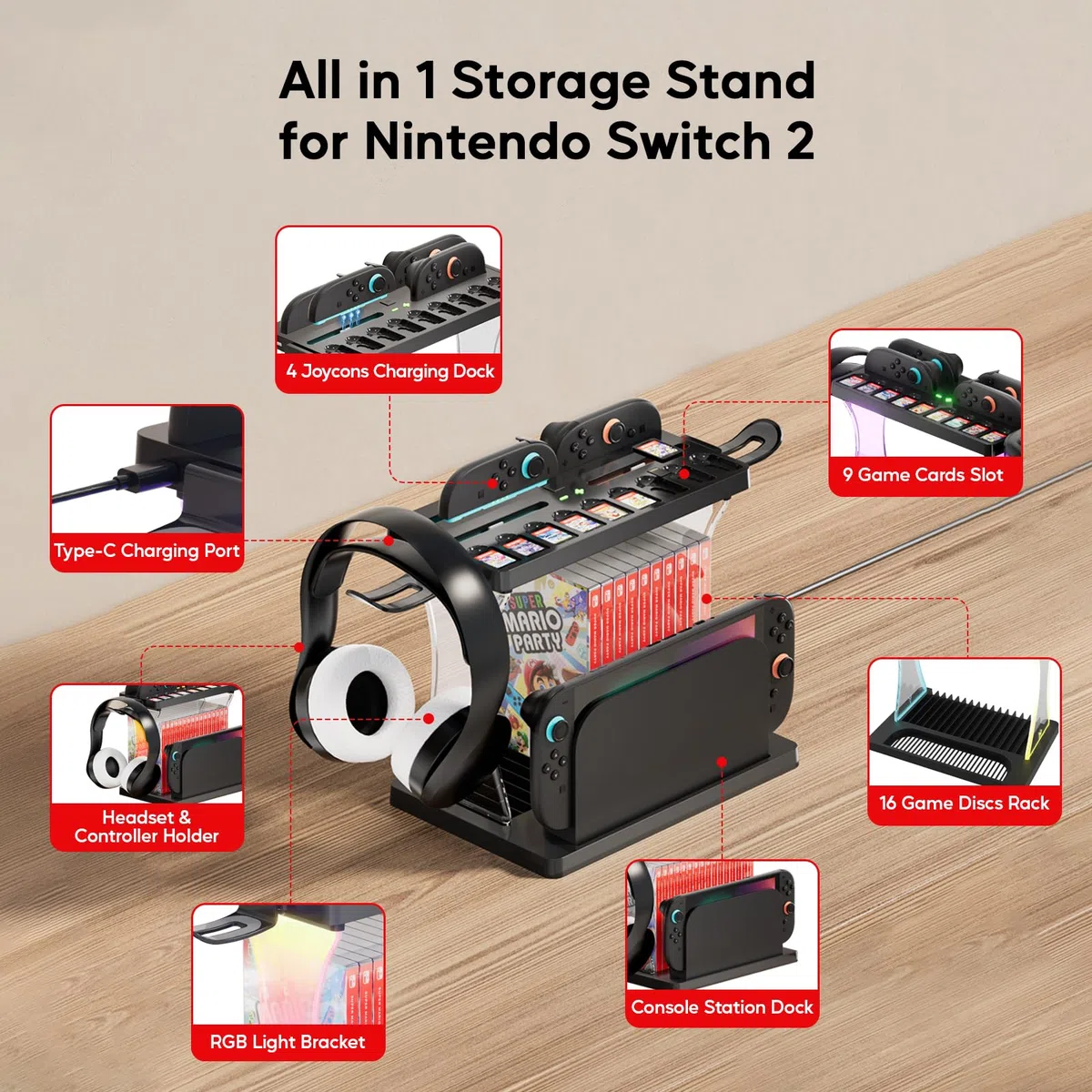 Switch 2 Storage Station, dock di ricarica per Joycon Switch2, organizer multifunzionale per Nintendo Switch 2 accessori con 16 dischi di gioco e 9 slot per carte da gioco, supporto per