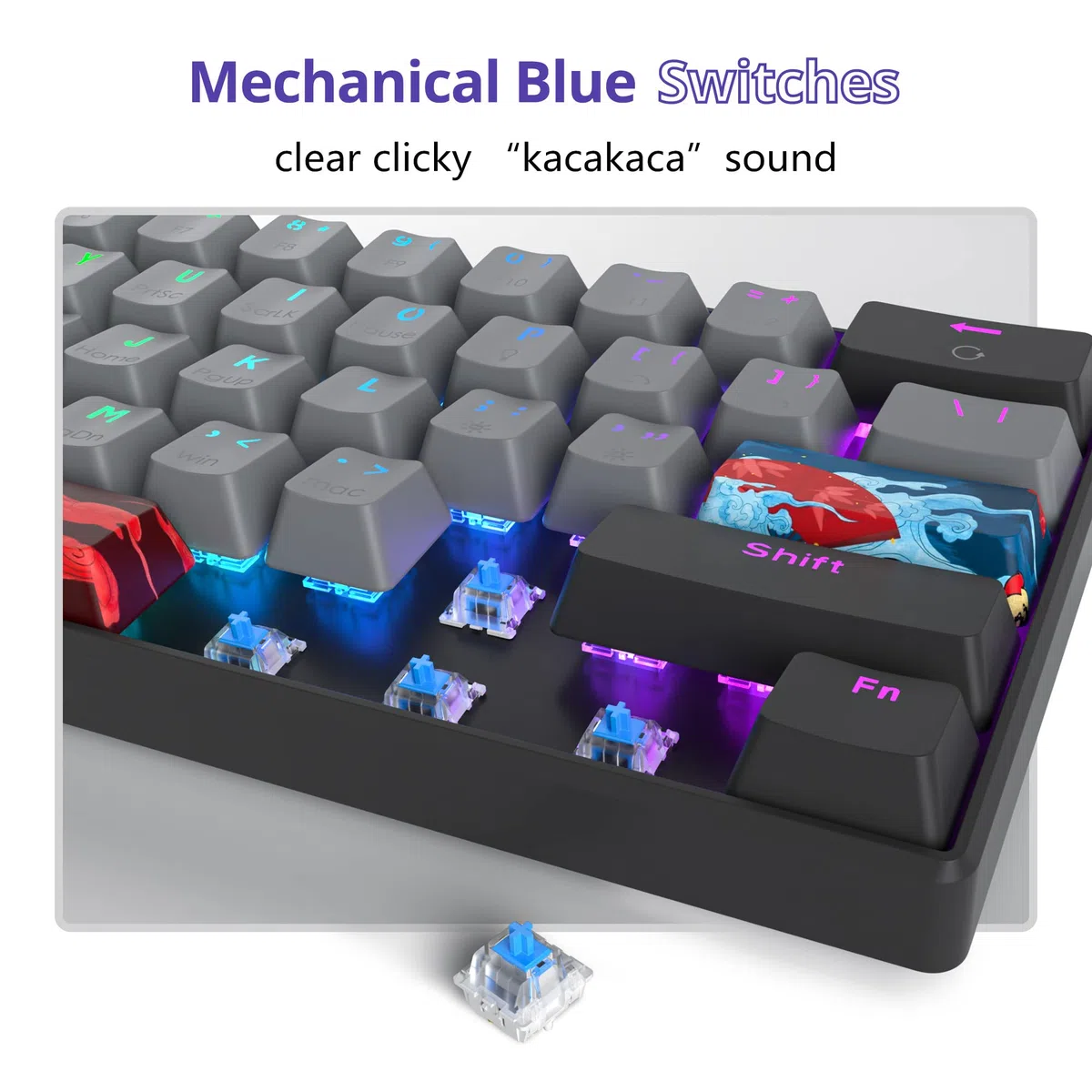Mini tastiera meccanica da gioco RGB, 60% percento, interruttore blu, ultra compatta, retroilluminata, ergonomica, cablata, con tasti in PBT grigio/nero, per Mac/Win/PC/ps4/ps5 (interruttore