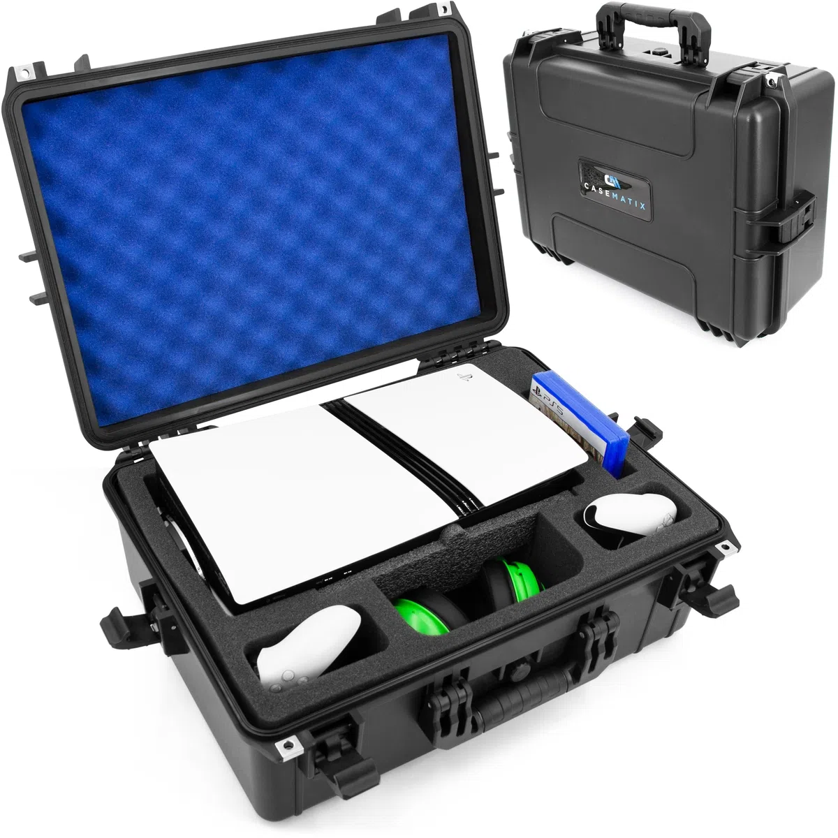 CASEMATIX Custodia da viaggio compatibile con unità disco PlayStation 5 e PS5, custodia rigida impermeabile con schiuma personalizzata per console, controller, supporto, cuffie, giochi e accessori PS5