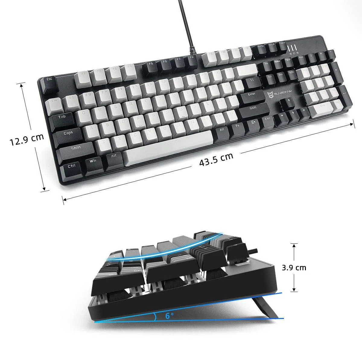 Merdia Tastiera meccanica da gioco | Interruttore blu Tastiera retroilluminata nera e grigia | Layout US a 104 tasti | Tastiera da gioco cablata | Tastiera meccanica sostituibile a caldo | Tastiere da