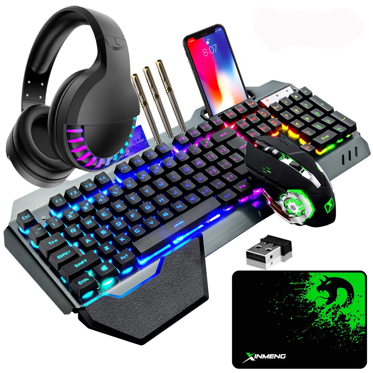 Tastiera da gioco wireless, mouse, cuffie e tappetino per mouse Set 4 in 1,16 Tastiera ricaricabile con retroilluminazione RGB con supporto per i polsi, 7 mouse retroilluminato e cuffie Bluetooth RGB