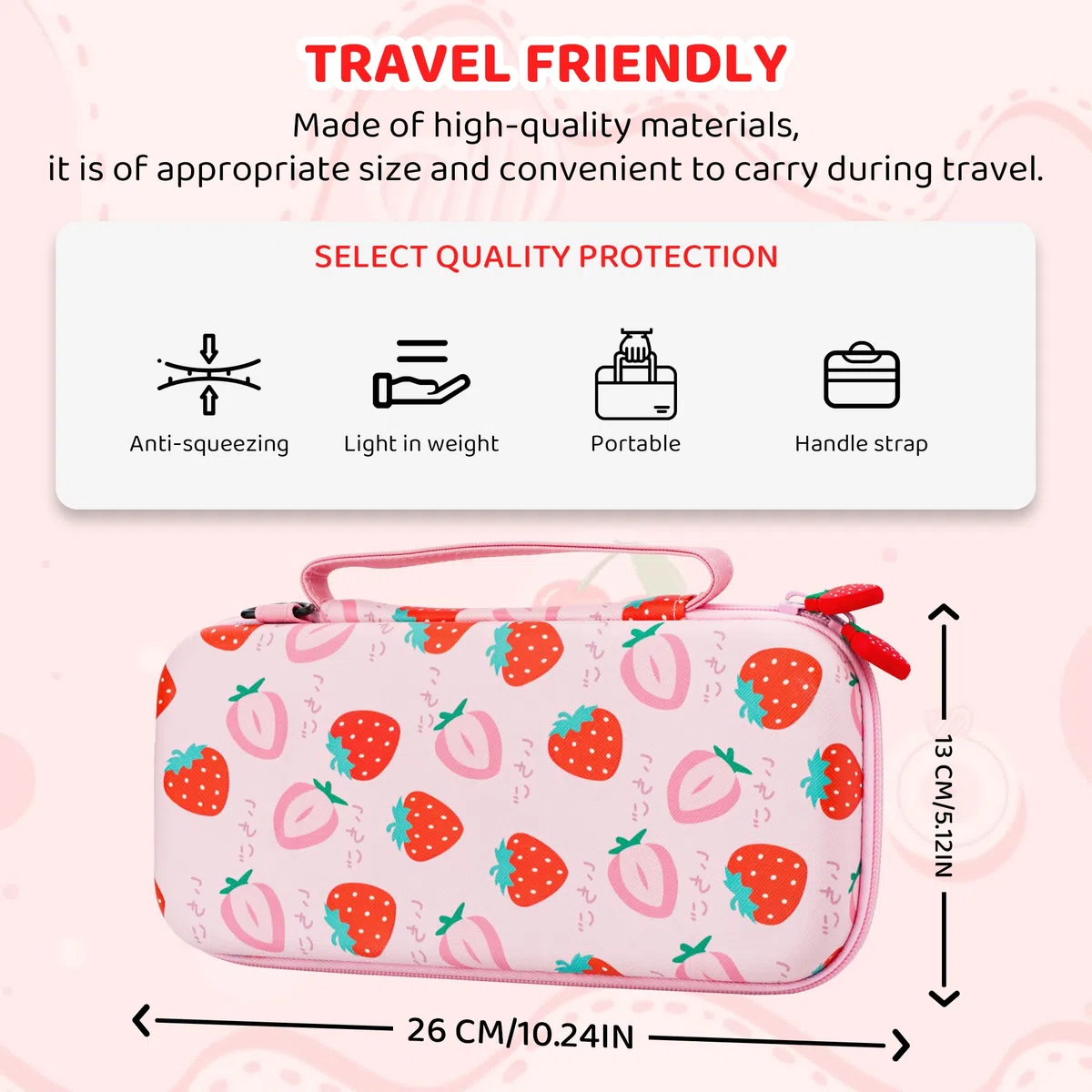 FUNDIARY Custodia da trasporto rosa per Switch 2 con design fragola, kit di accessori antiurto con custodia da viaggio sottile portatile, custodia agganciabile, pellicola proteggi schermo, tracolla e