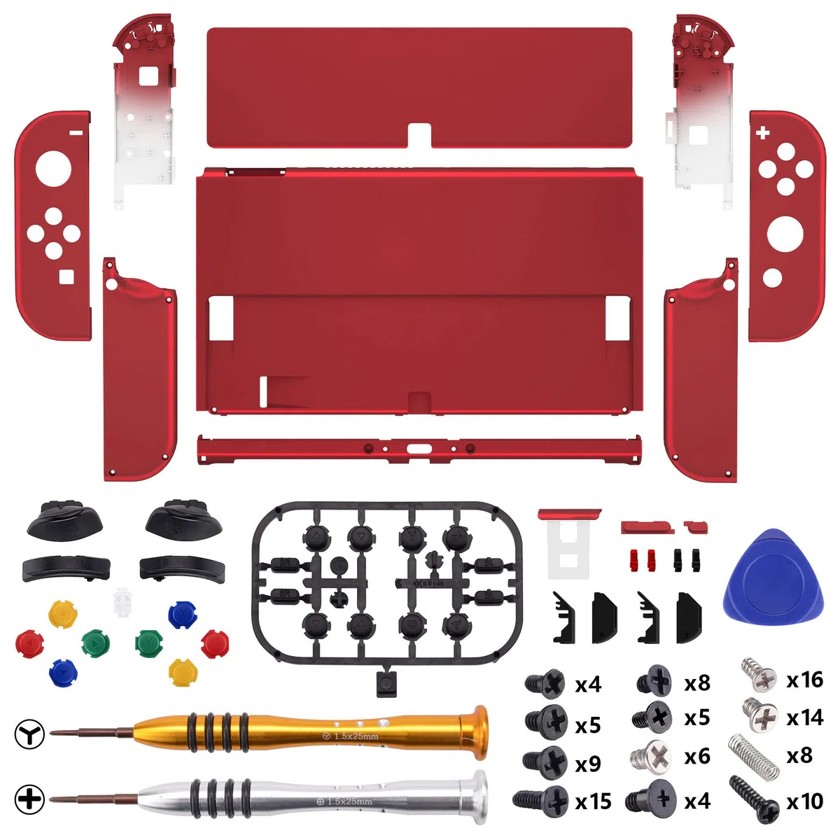 eXtremeRate Cover Pulsanti Tasti Ricambio per Nintendo Switch OLED Console Joycon,Custodia Posteriore Controller Scocca&Supporto Kickstand Metallo per Nintendo Switch OLED-Rosso Vampiro