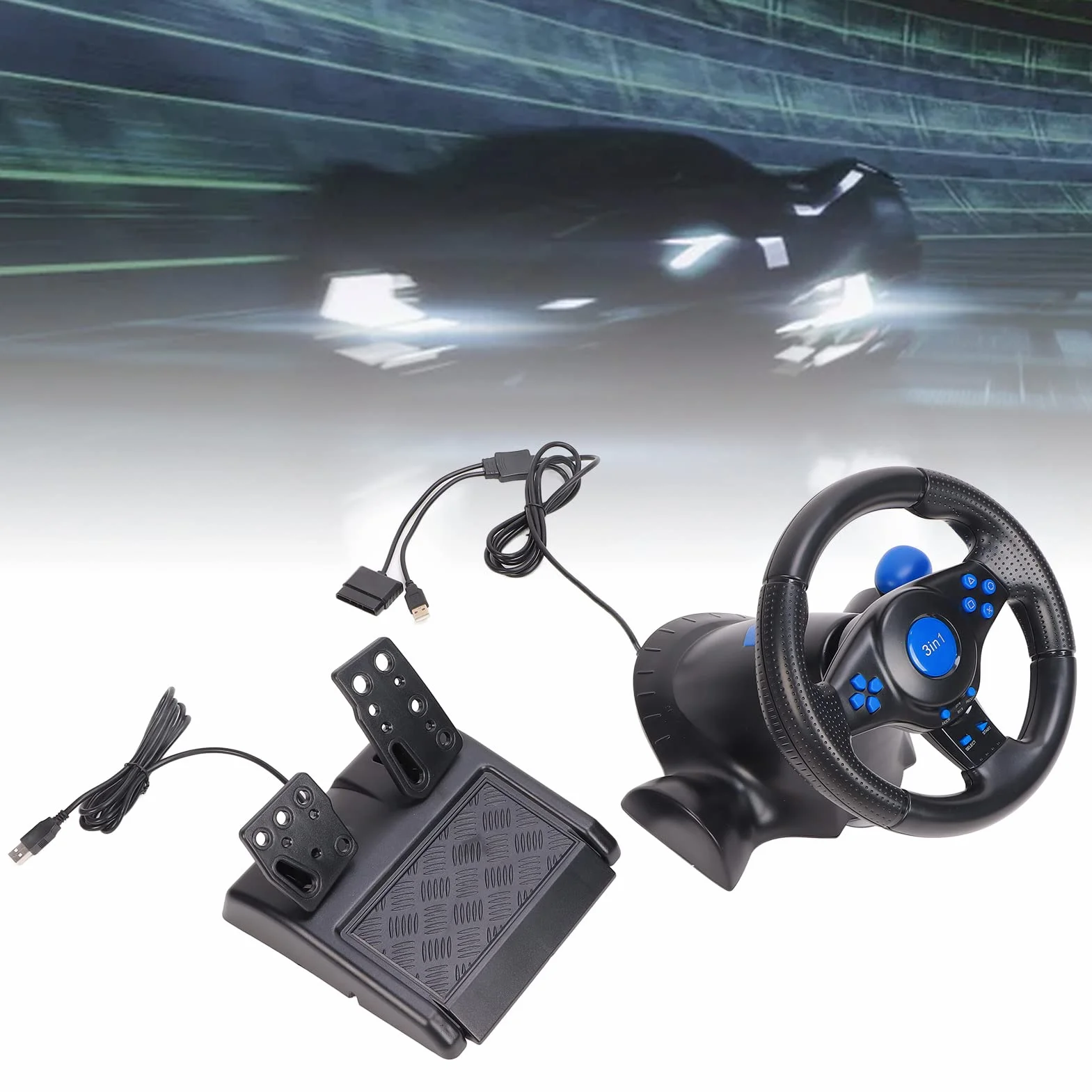 SYH&AQYE Volante da Gioco Multifunzionale, Volante da Gioco 3 in 1 con Pedali, Volante da Corsa USB Rotazione di 180 Gradi, Doppio Effetto Vibrazione, per PS3, PS2, PC