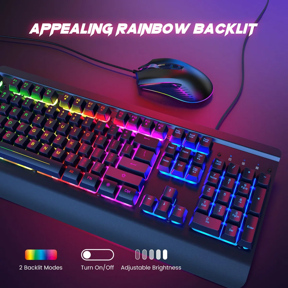 Tastiera da gioco e mouse, 104 tasti, pannello interamente in metallo illuminato, tastiera silenziosa per computer, poggiapolsi, mouse da gioco retroilluminato a LED, 4200 DPI, set con