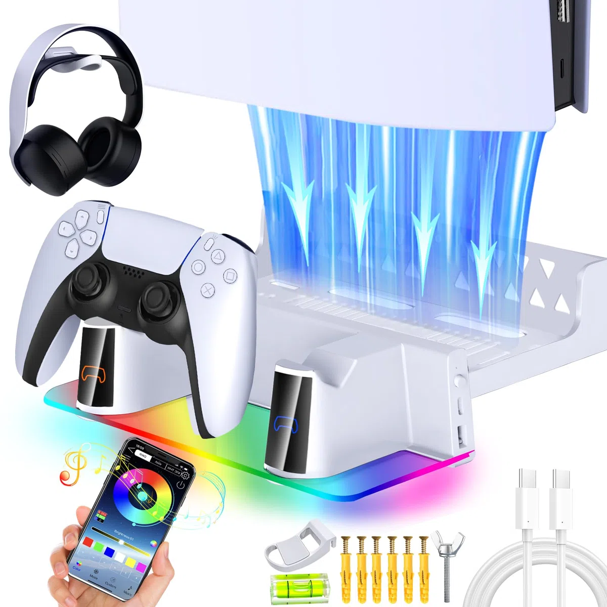 WAYCOM Kit di montaggio a parete PS5 con stazione di ricarica RGB LED per console PS5, PS5 Pro e PS5 Slim Console Disc & Digital, caricabatterie doppio controller veloce, supporto da parete in acciaio