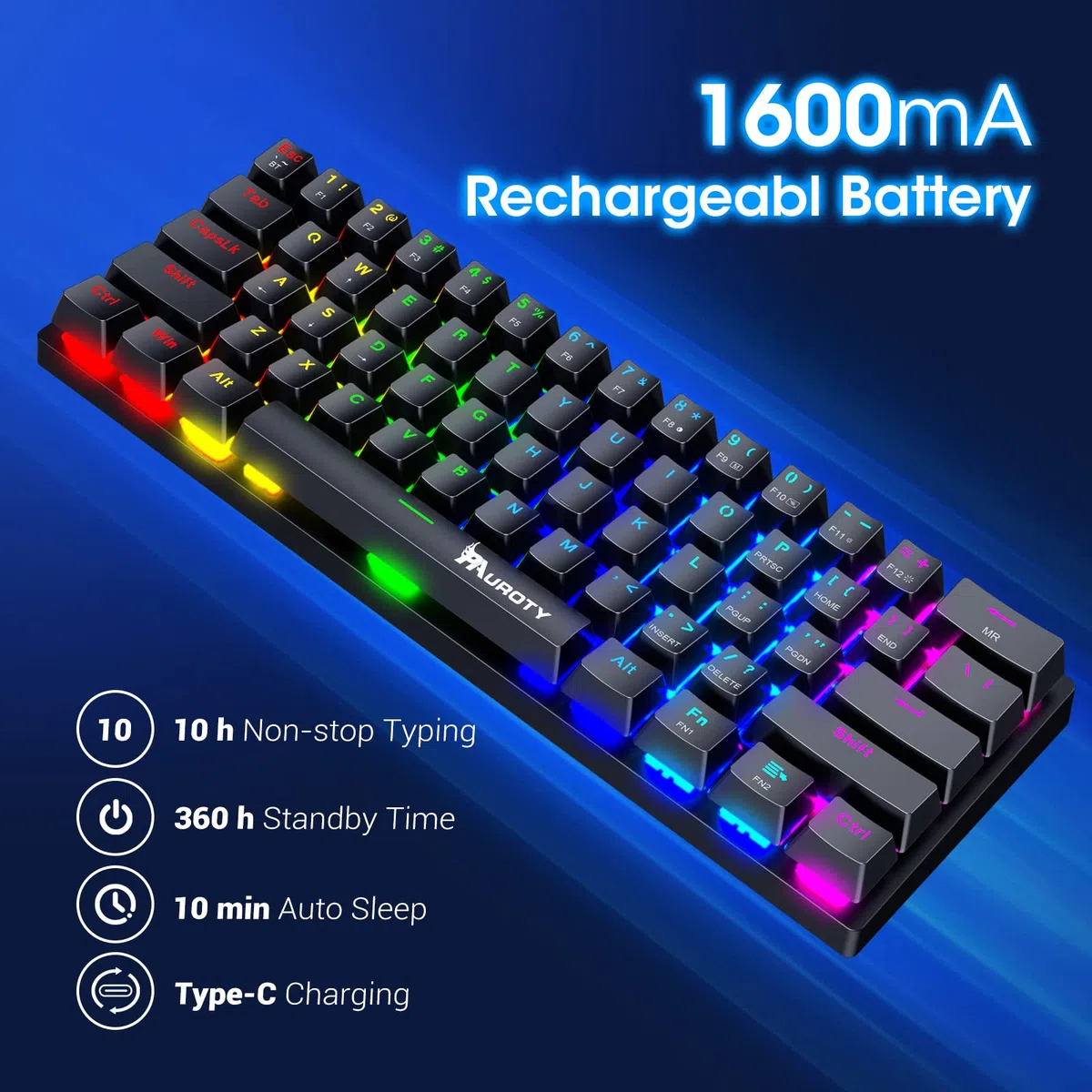 Pauroty 60% tastiera meccanica senza fili, modalità tripla 2.4G/USB-C/Bluetooth per i giochi, retroilluminazione RGB, interruttore blu Clicky, mini tastiera wireless ricaricabile a 61 tasti per iPad