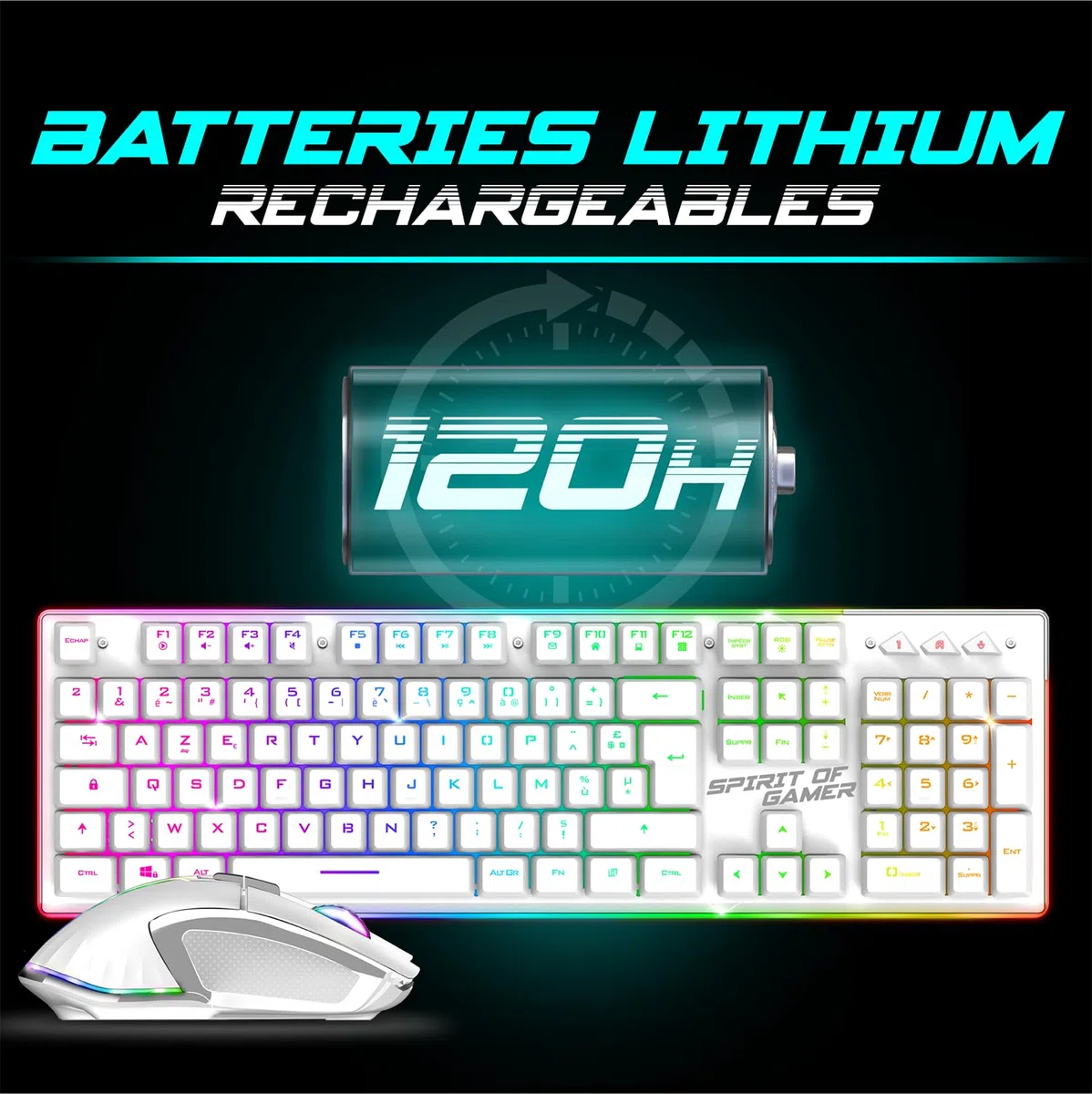 SPIRIT OF GAMER x MK600 | Pack Tastiera Mouse Wireless Bianco Ricaricabile RGB | Layout AZERTY Italiano Retroilluminato | Gaming Keyboard Semi Mecanica | Wireless Mouse 4800 DPI | PC