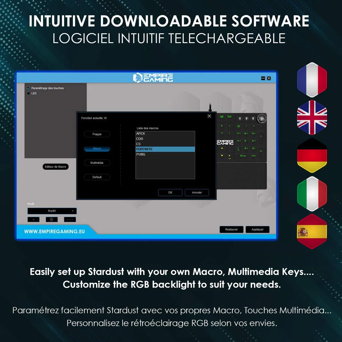 EMPIRE GAMING – STARDUST Tastiera Gaming – Tasti Opto-Meccanica – Retroilluminazione LED RGB – Gamer Software programmazione - Poggiapolsi amovibile (QWERTY, Italiano)