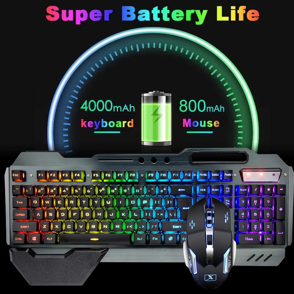 Tastiera da gioco wireless, mouse, cuffie e tappetino per mouse Set 4 in 1,16 Tastiera ricaricabile con retroilluminazione RGB con supporto per i polsi, 7 mouse retroilluminato e cuffie Bluetooth RGB