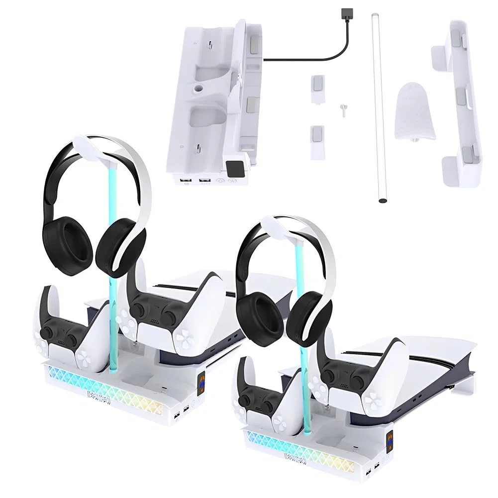 Stazione di raffreddamento RGB per PS5 con caricatore doppio controller e supporto per cuffie per console PS5