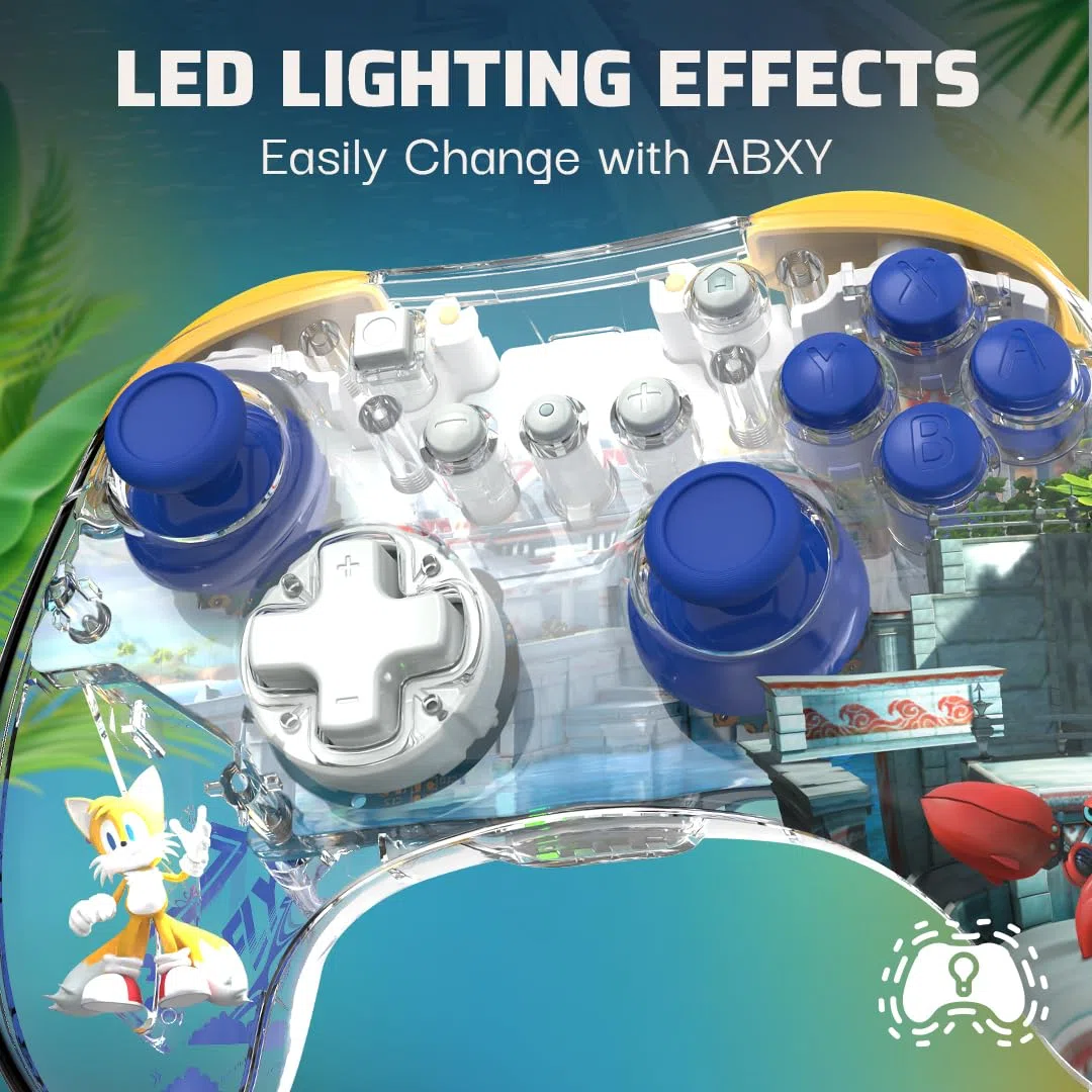 PDP REALMz - Controller wireless Nintendo Switch Pro, LED personalizzabile, batteria ricaricabile 40 ore, connessione da 9 metri, licenza Nintendo e SEGA: Sonic Superstars (Tails Seaside Hill Zone)