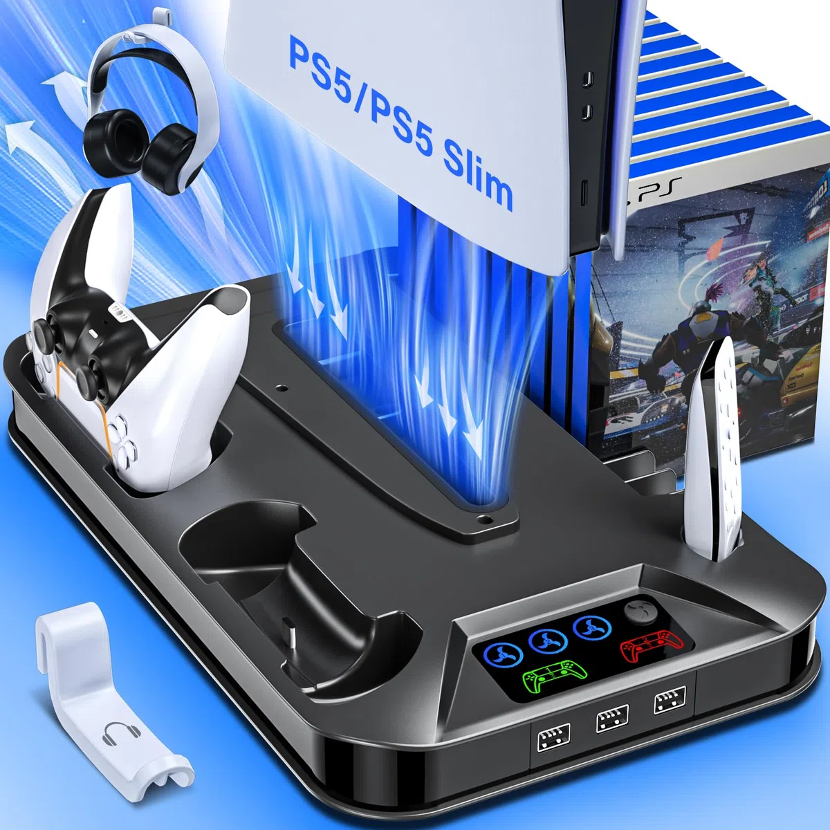 ZRZLMVP Stazione di ricarica per controller PS5 con supporto per cuffie, colore nero