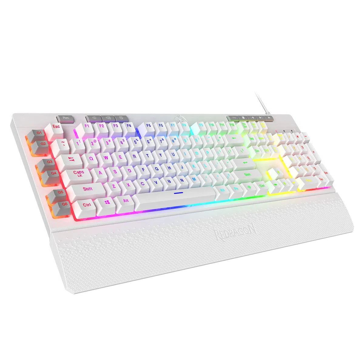 Redragon K512 Shiva - Tastiera da gioco a membrana bianca, illuminazione RGB, tasti G programmabili, controlli multi-media, poggiapolsi integrato, layout QWERTY,US LAYOUT