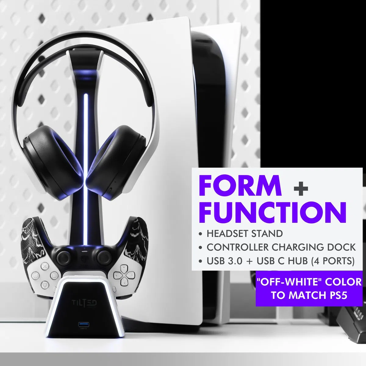 Tilted Nation Supporto RGB per cuffie e controller con stazione di ricarica, per PlayStation o PC, supporto per controller PS4/PS5 con caricabatterie, supporto per cuffie e controller di gioco, per