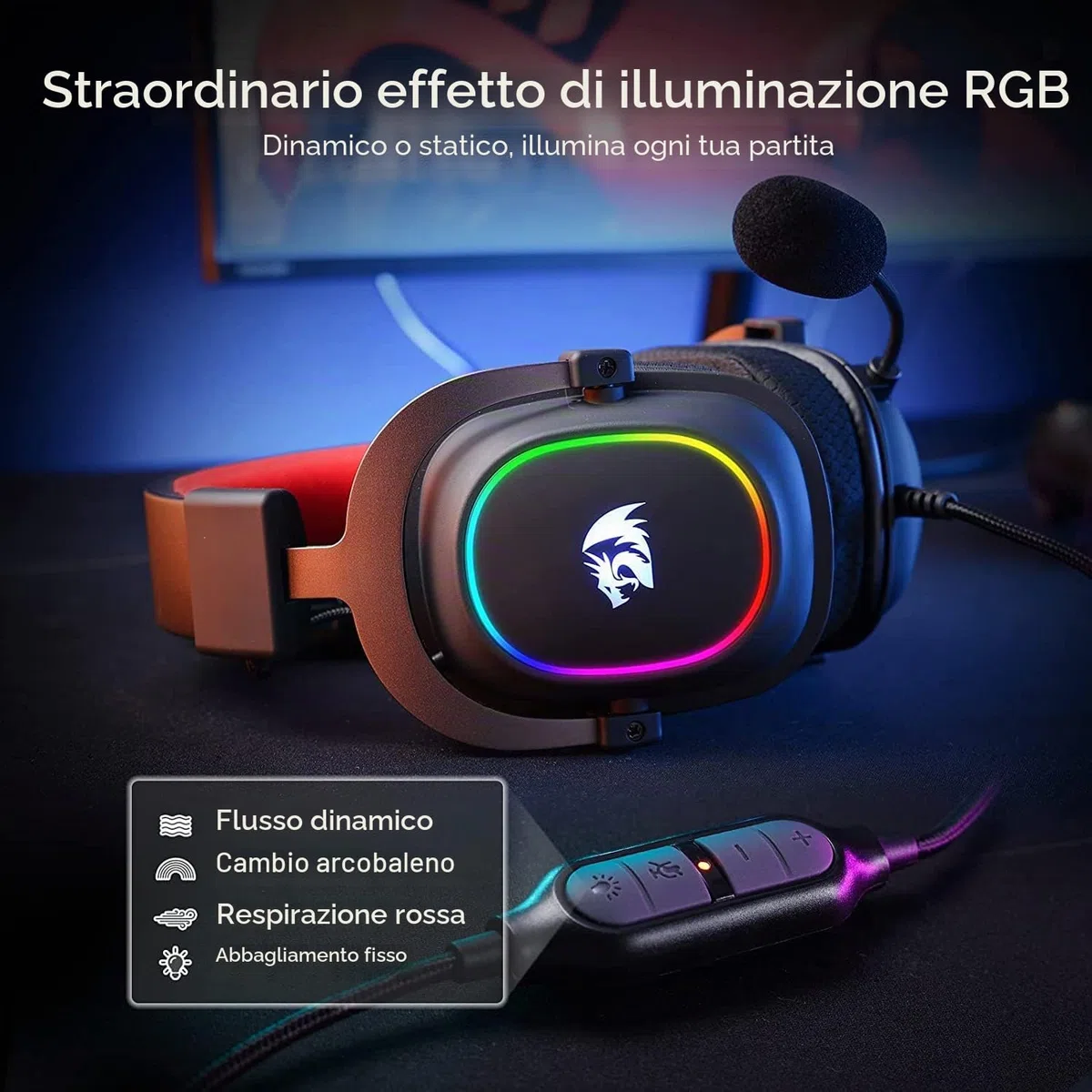 Redragon H510 Zeus Cuffie Gioco Cablato 7.1 53mm Driver RGB | cuffie gioco cablate 7.1 surround cuscinetti memory foam driver 53mm microfono staccabile multipiattaforma RGB