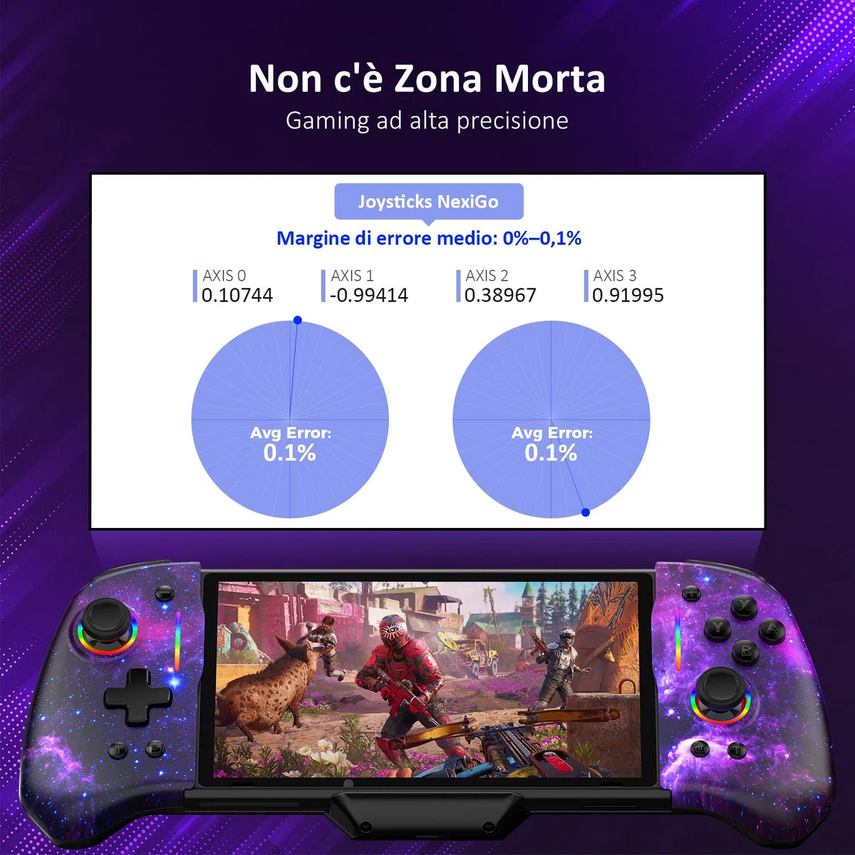 NexiGo Hall Effect Gripcon (Nessun Drift, Nessuna Deadzone) con Joystick a Effetto Hall per Switch/Switch OLED, Luce RGB Regolabile, giroscopio a 6 Assi, Turbo, Mappatura (Cosmic Nebula)