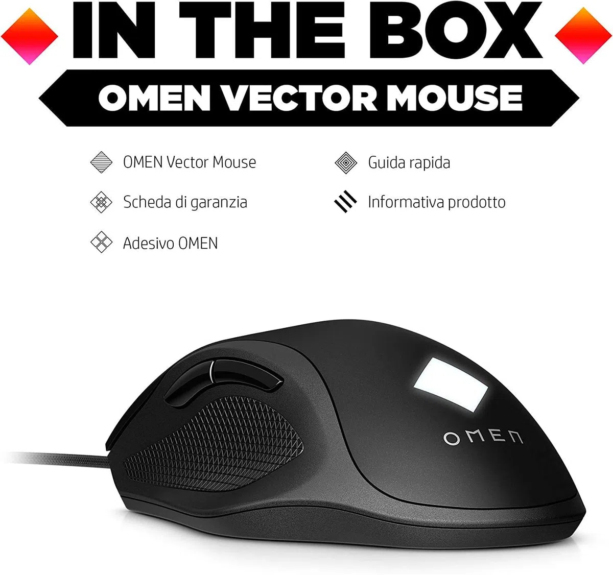 HP OMEN Vector Mouse, 6 Tasti Programmabili, DPI 100 a 16.000, Sensore Precisione OMEN Radar 3, LED Personalizzabili, Rotella Scorrimento, Cavo USB Cablato, Regolazione Peso fino 25 g, Nero