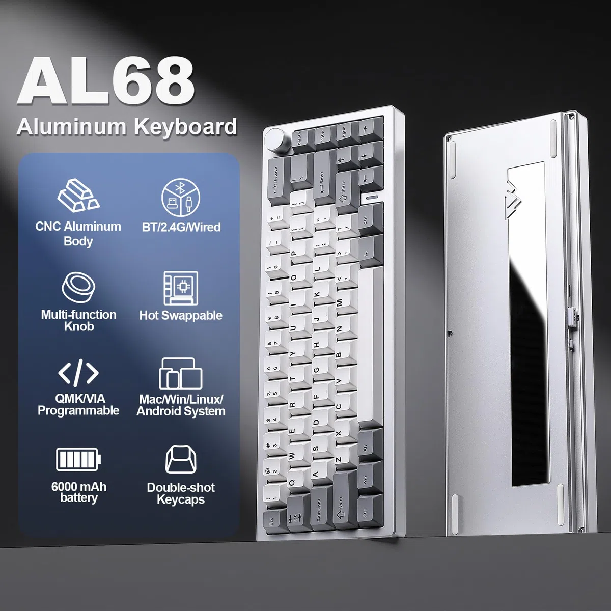 YUNZII AL68 Tastiera Meccanica Wireless 60% in Alluminio QMK/VIA, Sostituibile a Caldo con Manopola, RGB da Gioco per Mac/Windows/Linux (Silver, Cocoa Cream V2)