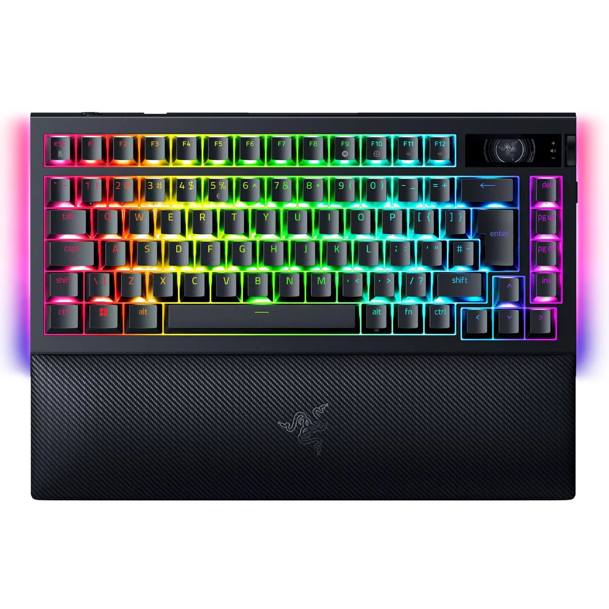 Razer BlackWidow V4 Pro 75% - Tastiera da gioco wireless sostituibile a caldo - Display OLED (ghiera dei comandi, 4K Hz e connettività Bluetooth, poggiapolsi magnetico) Layout US ISO | Nero