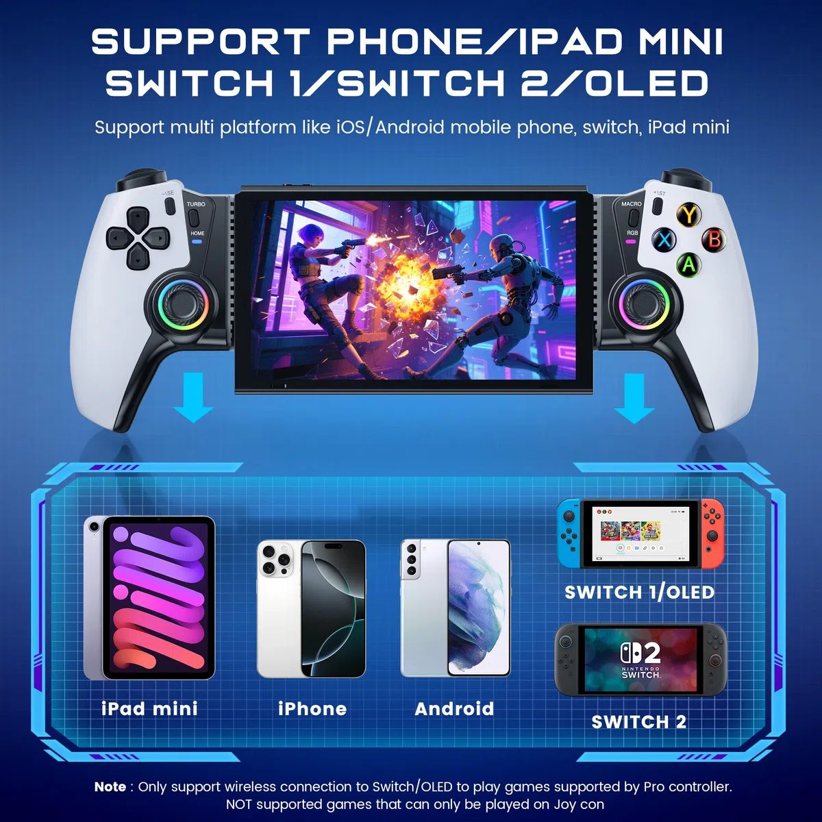 KICKDOT Controller wireless per iPhone/Android/iPad mini con joystick Hall, controller di gioco mobile a LED per iOS Supporto Xbox Cloud, Steam Link, GeForce Now, Arcade, Call of Duty, Roblox