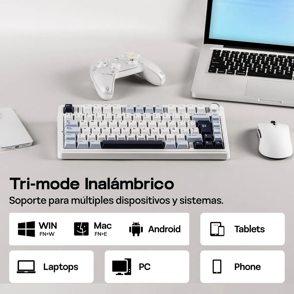 EPOMAKER Aula F75 ISO-ES Tastiera Meccanica Spagnolo con Maniglia, Tastiera Wireless Gaming, BT/2.4G/USB, Gasket Cremoso, Retroilluminazione RGB, Hot-Swap, 75%, PBT Keycap (Blu Bianco)