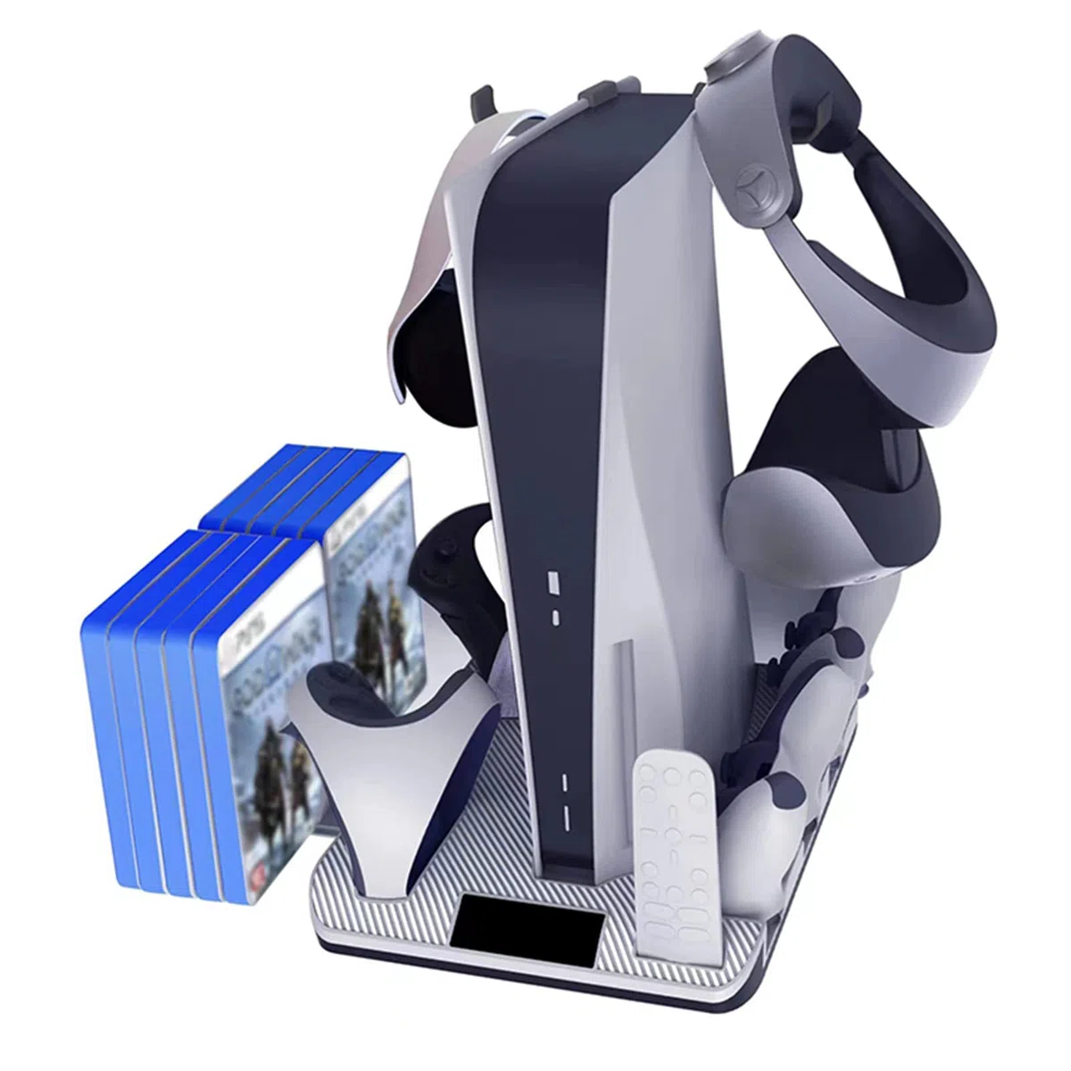 Stazione di ricarica adatta per controller PSVR2/PS5, supporto con ventola di raffreddamento per console PS5 UHD/DE, 4 controller dock caricabatterie e 10 giochi di archiviazione