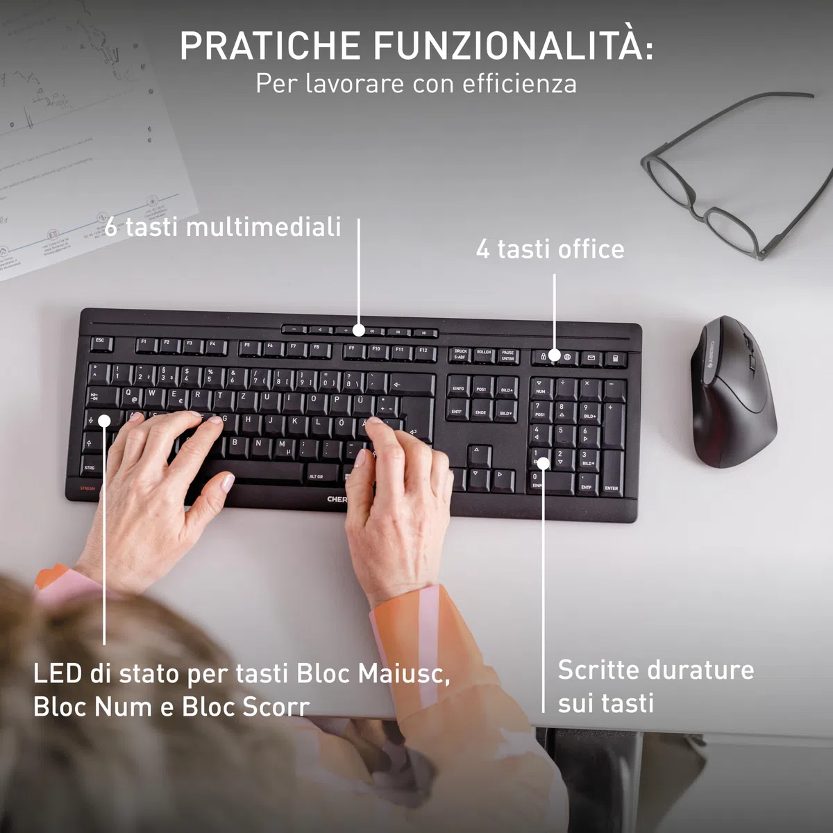 CHERRY STREAM KEYBOARD WIRELESS, Tastiera Senza Fili, Layout per l'Unione Europea (QWERTY), Wireless 2,4 GHz, Tasti Silenziosi, Design Piatto, Alimentazione a Batteria, Nero
