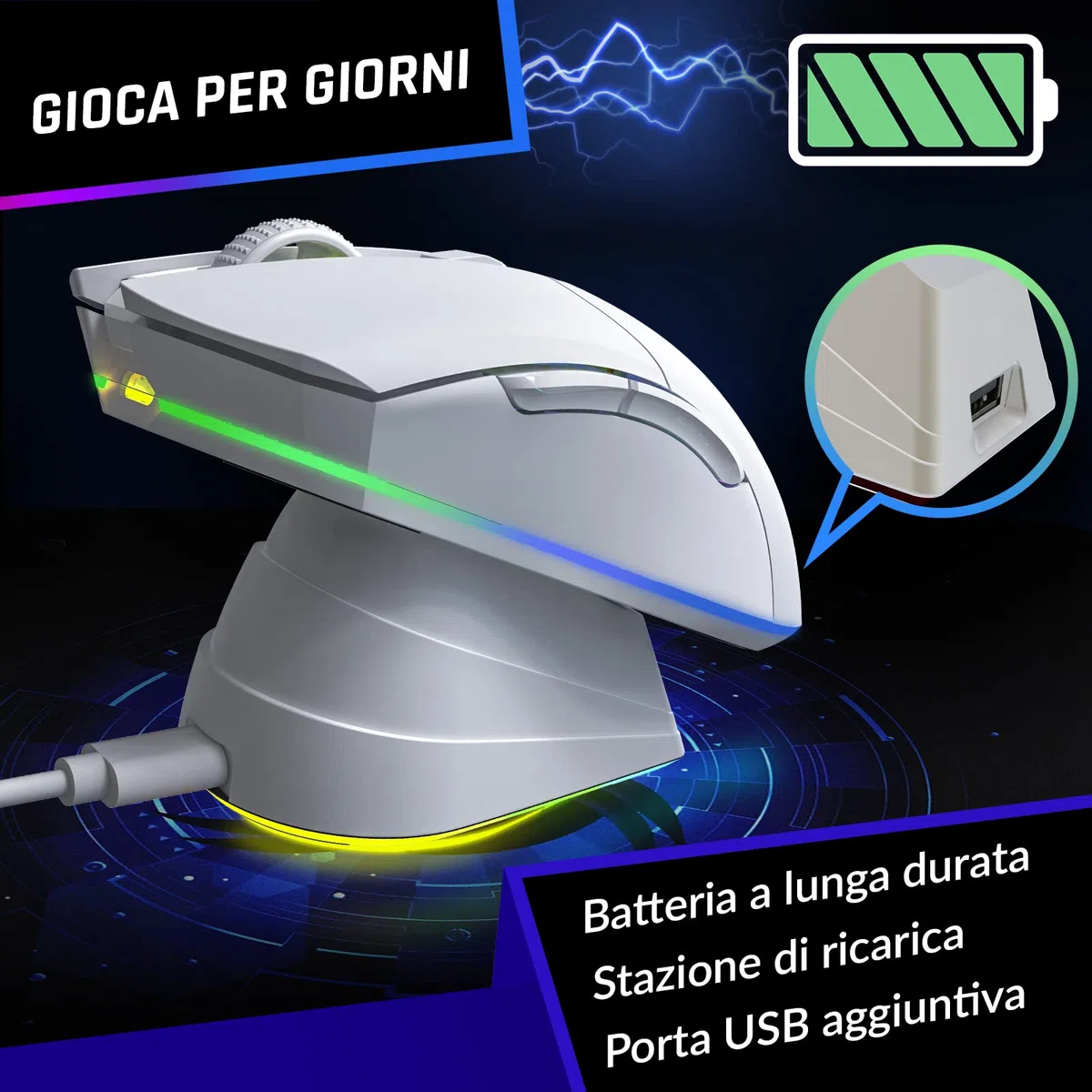 KLIM Blaze Pro Sensore ad Alta Precisione con Batteria a Lunga Durata | Mouse da Gioco Wireless RGB Ricaricabile con Stazione di Ricarica, Fino a 6000 DPI, Libertà Totale per Dominare - Bianco