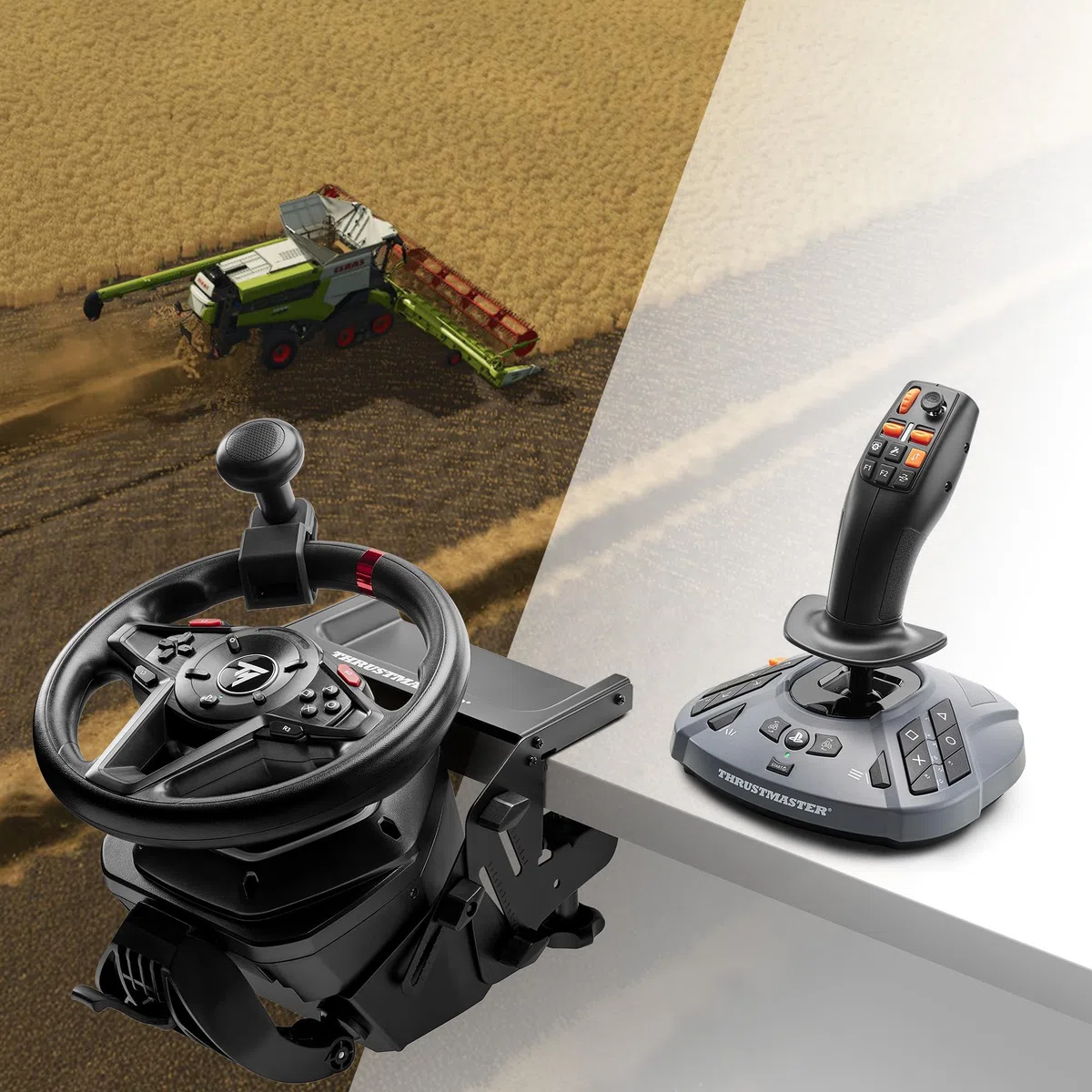 Thrustmaster T128 SimTask Farming Pack - Bundle Volante Farming - PS5 e PC | Plug & Play in Farming Simulator 25, Volante Force Feedback T128, FarmStick a 3 assi, supporto volante, pedaliera T2PM