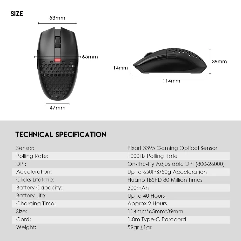 Fantech ARIA XD7 Mouse da gioco wireless - Pixart 3395 Sensore da gioco 26000 DPI, interruttori KAILH GM8.0, super leggero 59 grammi e forma di uovo ambidestro, connettività a 3 modalità, nero