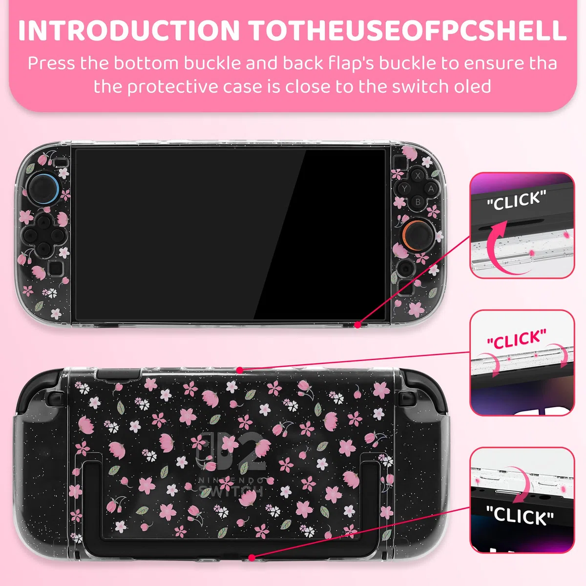 FANPL Custodia da trasporto carina per Nintendo Switch 2, kit di accessori per interruttore rosa con custodia rigida da viaggio con motivo floreale, cover Sakura glitterata, cinturino regolabile