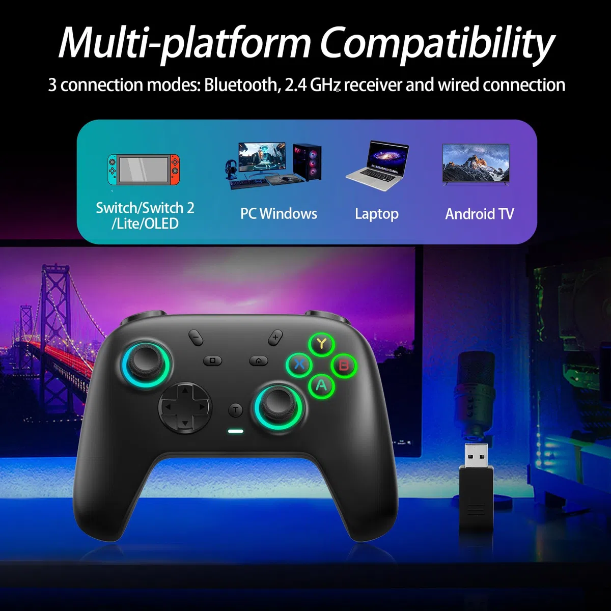 DoJoZone Controller PC, PC Controllers Wireless con Base Ricarica, Hall Effect Joystick/Trigger, RGB, Turbo, Giroscopio, Bluetooth/2,4G Joystick Compatibile con Windows PC/Switch2/Switch/Steam/Android