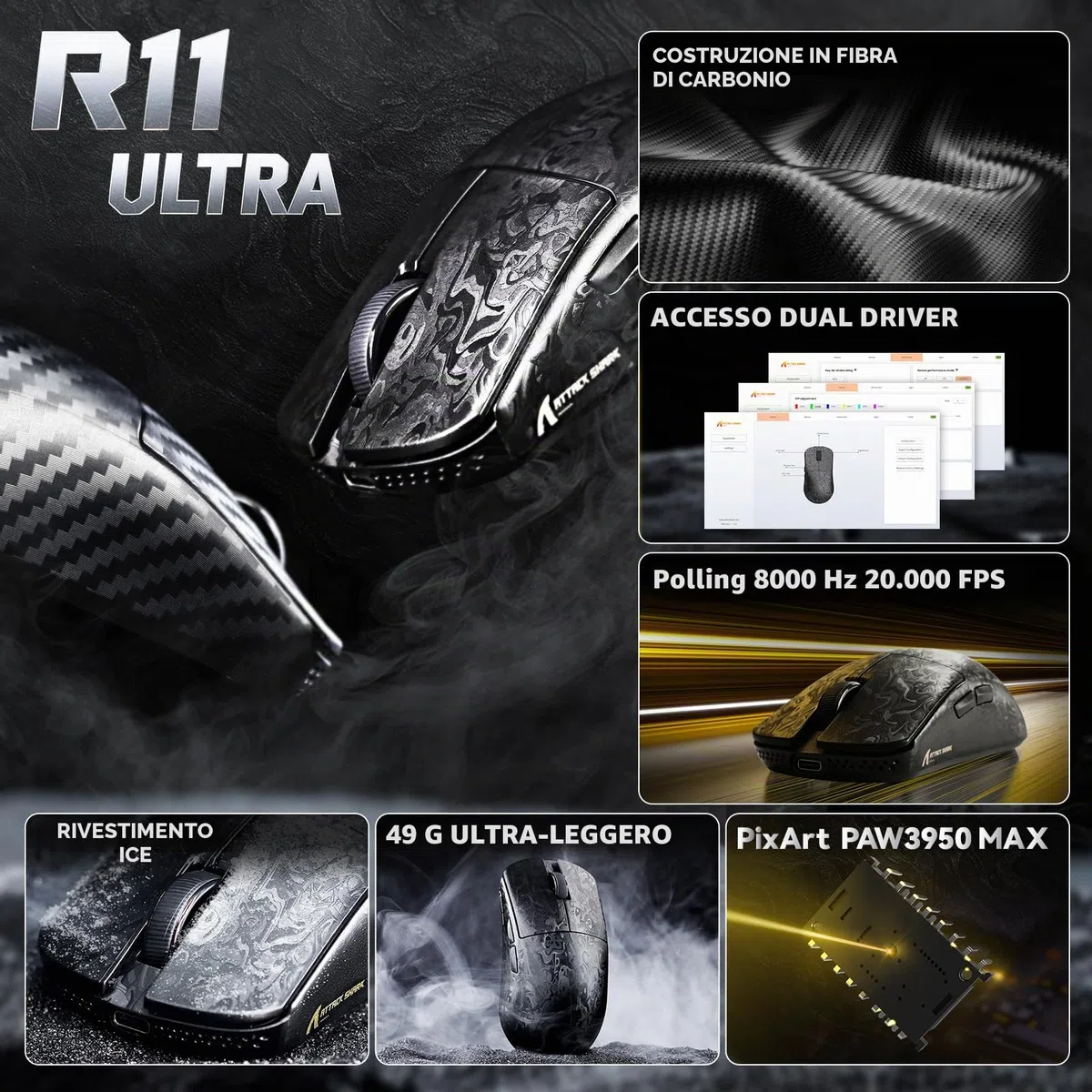 ATTACK SHARK R11 ULTRA Mouse Gaming Wireless 8000Hz in Fibra di Carbonio, 49g SUPERLIGHT, 42000 DPI, 20000 FPS, Nordic 52840, PAW3950MAX, Copristrato Ice-Feel, BT/2.4G/Cabalto, PC/Mac, Nero Forgiato