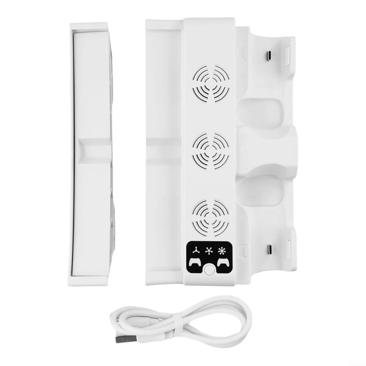 ZYNCUE Supporto di raffreddamento orizzontale bianco per console PS5 Pro/Slim, ventola a 3 velocità e doppio dock di ricarica, luci di stato a LED, design compatto in ABS