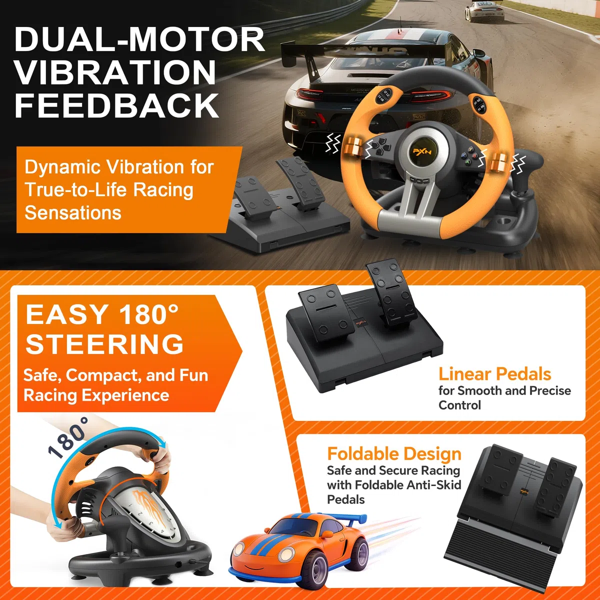 PXN V3 PRO Racing Wheel, Volante Universale da 180 Gradi USB per Auto Sim Race con Pedali per PS3, PS4, Xbox One, Switch -Arancia